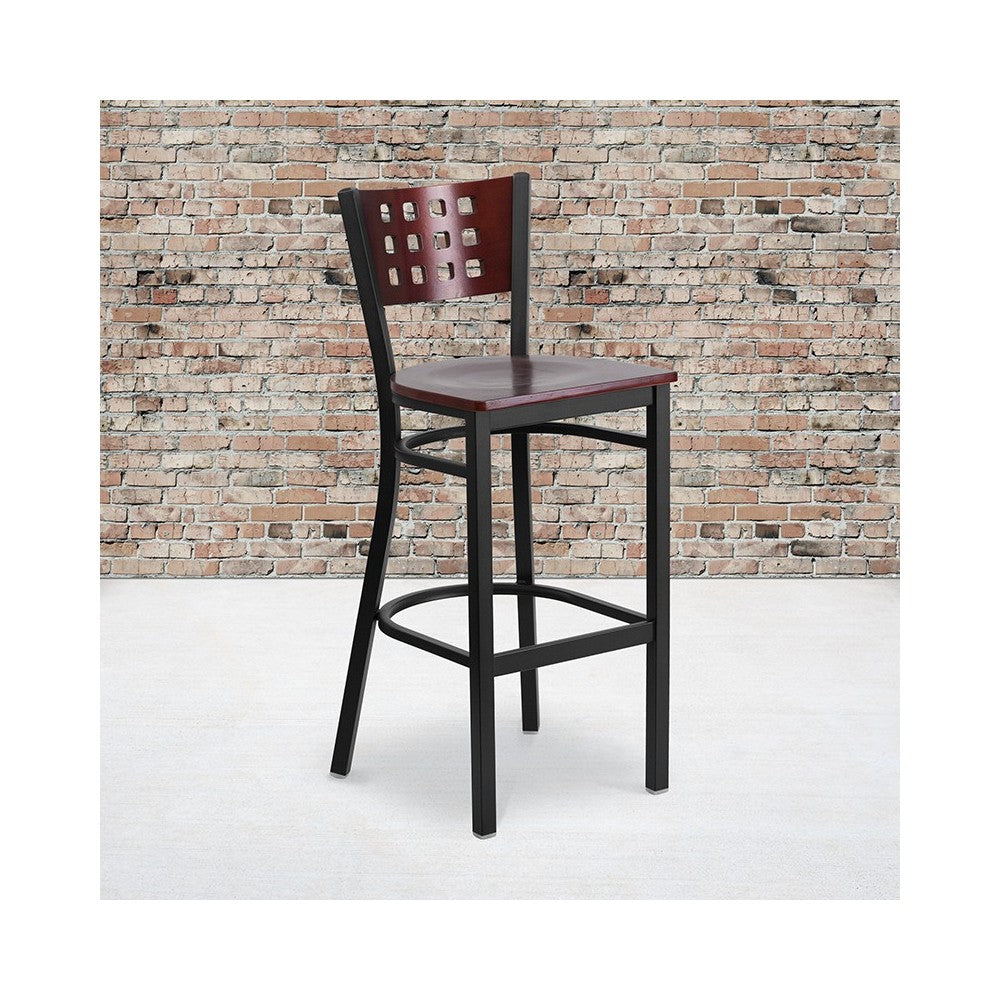 Black Cutout Back Metal Restaurant Barstool - Mahogany Wood Back & Seat