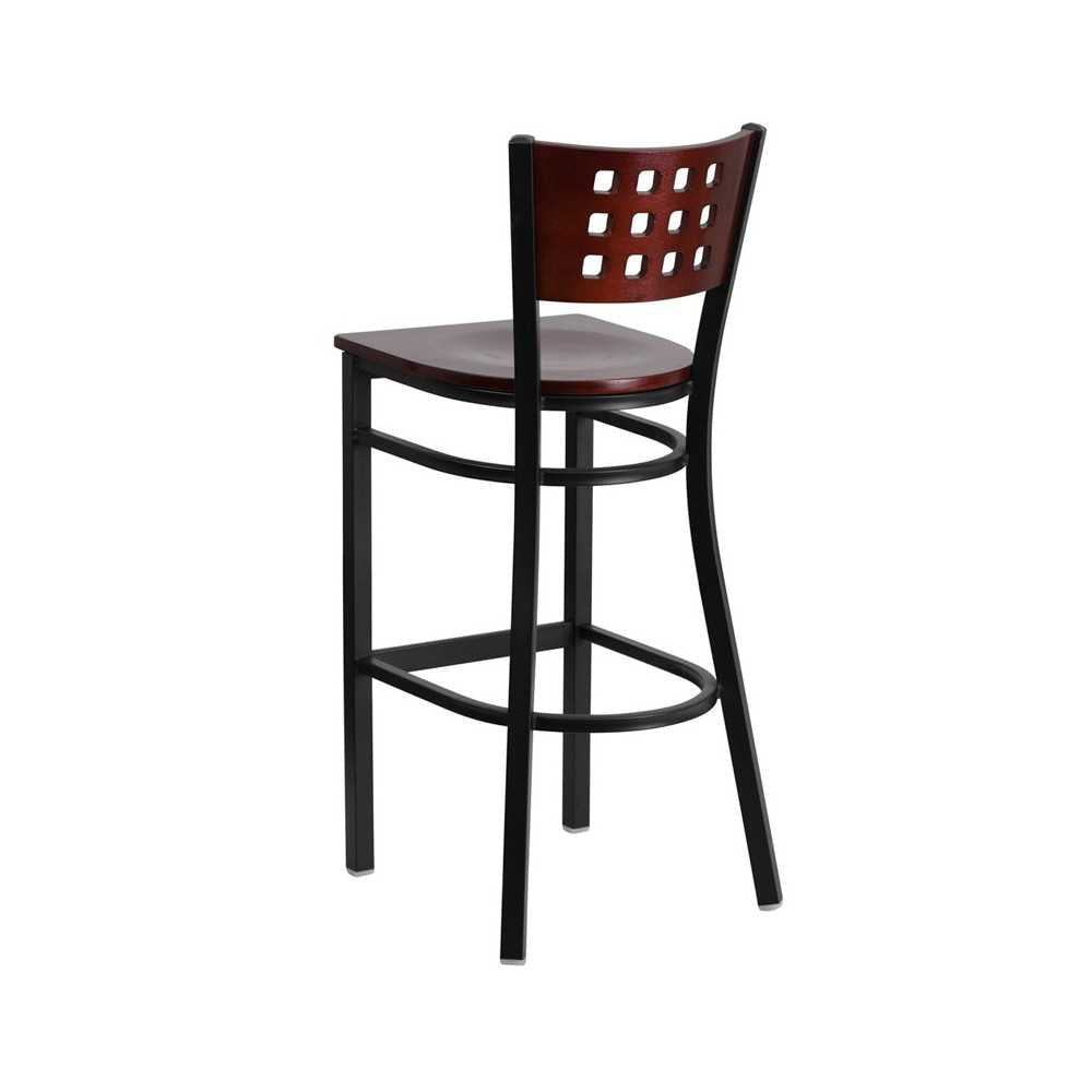 Black Cutout Back Metal Restaurant Barstool - Mahogany Wood Back & Seat