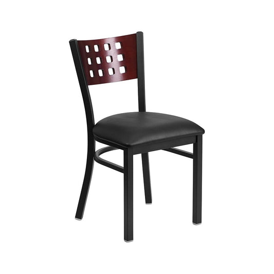 Black Cutout Back Metal Restaurant Chair - Mahogany Wood Back, Black Vinyl Seat