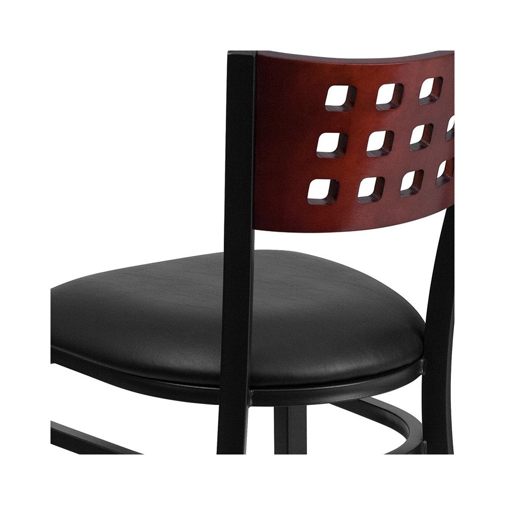 Black Cutout Back Metal Restaurant Chair - Mahogany Wood Back, Black Vinyl Seat