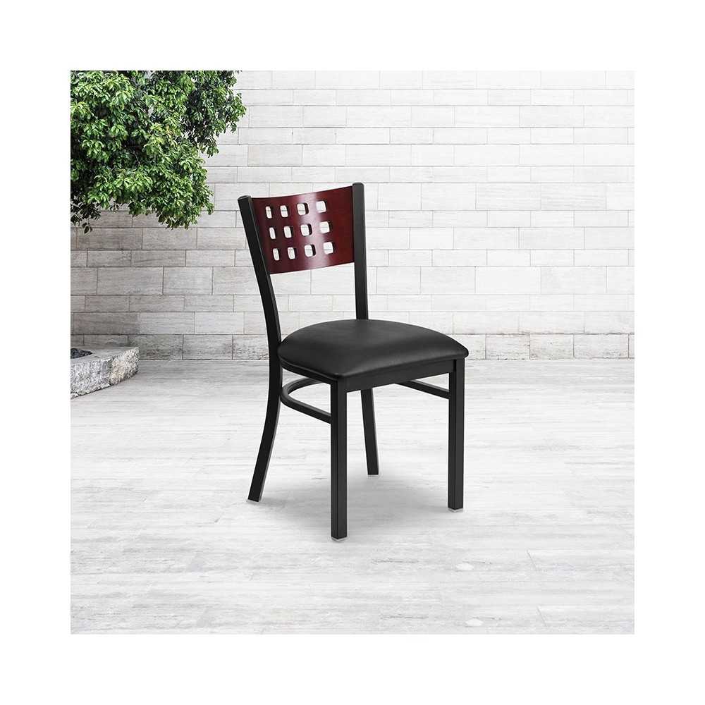 Black Cutout Back Metal Restaurant Chair - Mahogany Wood Back, Black Vinyl Seat