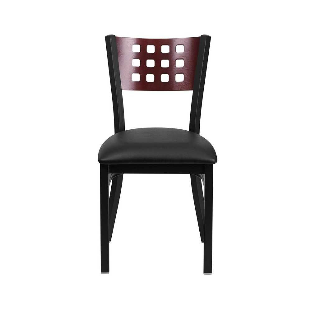 Black Cutout Back Metal Restaurant Chair - Mahogany Wood Back, Black Vinyl Seat