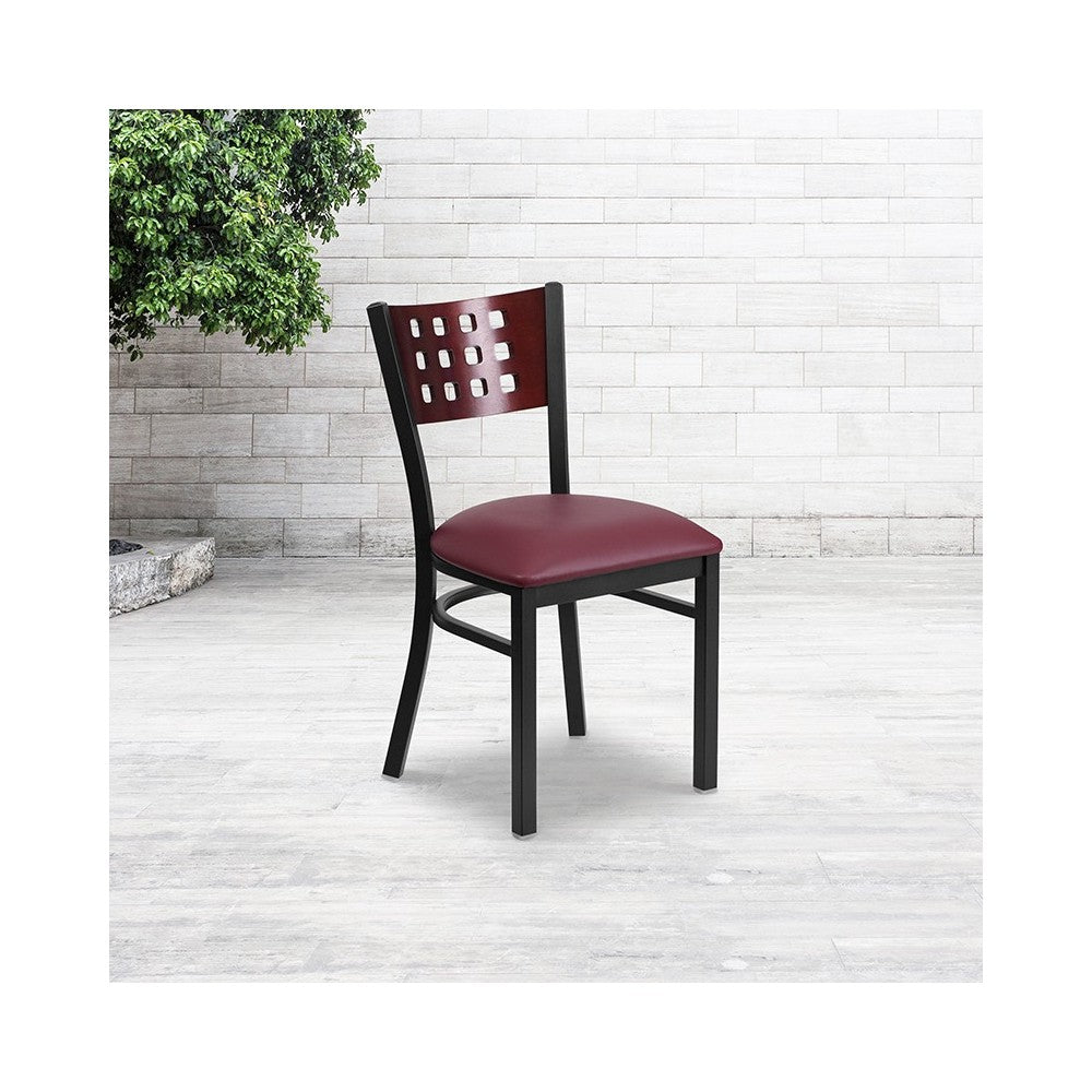Black Cutout Back Metal Restaurant Chair - Mahogany Wood Back, Burgundy Vinyl Seat