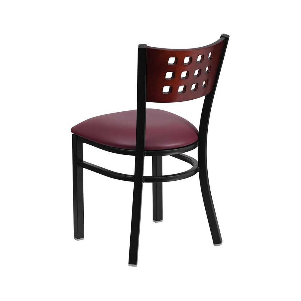 Black Cutout Back Metal Restaurant Chair - Mahogany Wood Back, Burgundy Vinyl Seat