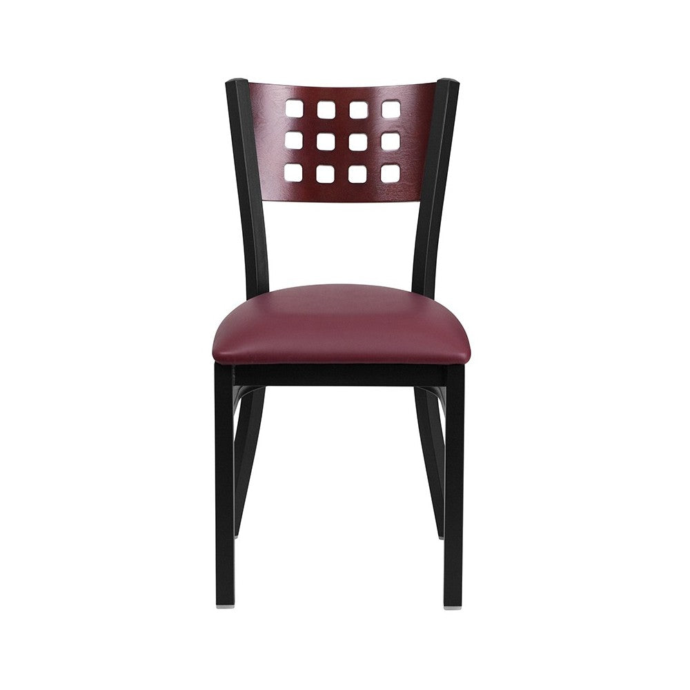Black Cutout Back Metal Restaurant Chair - Mahogany Wood Back, Burgundy Vinyl Seat