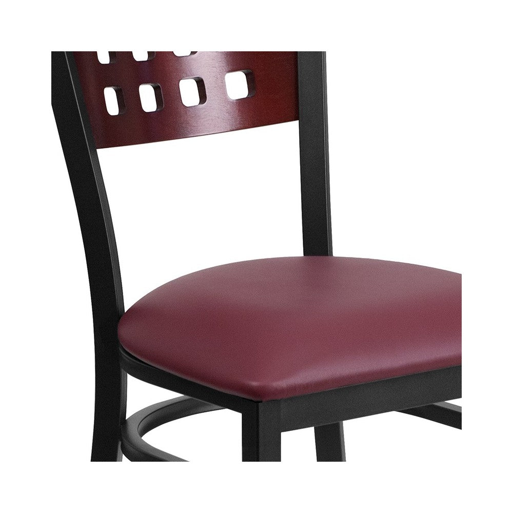 Black Cutout Back Metal Restaurant Chair - Mahogany Wood Back, Burgundy Vinyl Seat