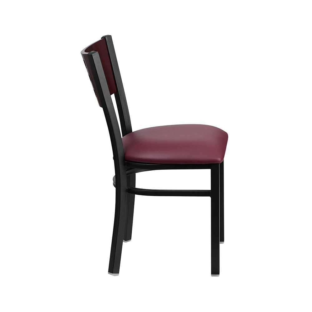 Black Cutout Back Metal Restaurant Chair - Mahogany Wood Back, Burgundy Vinyl Seat