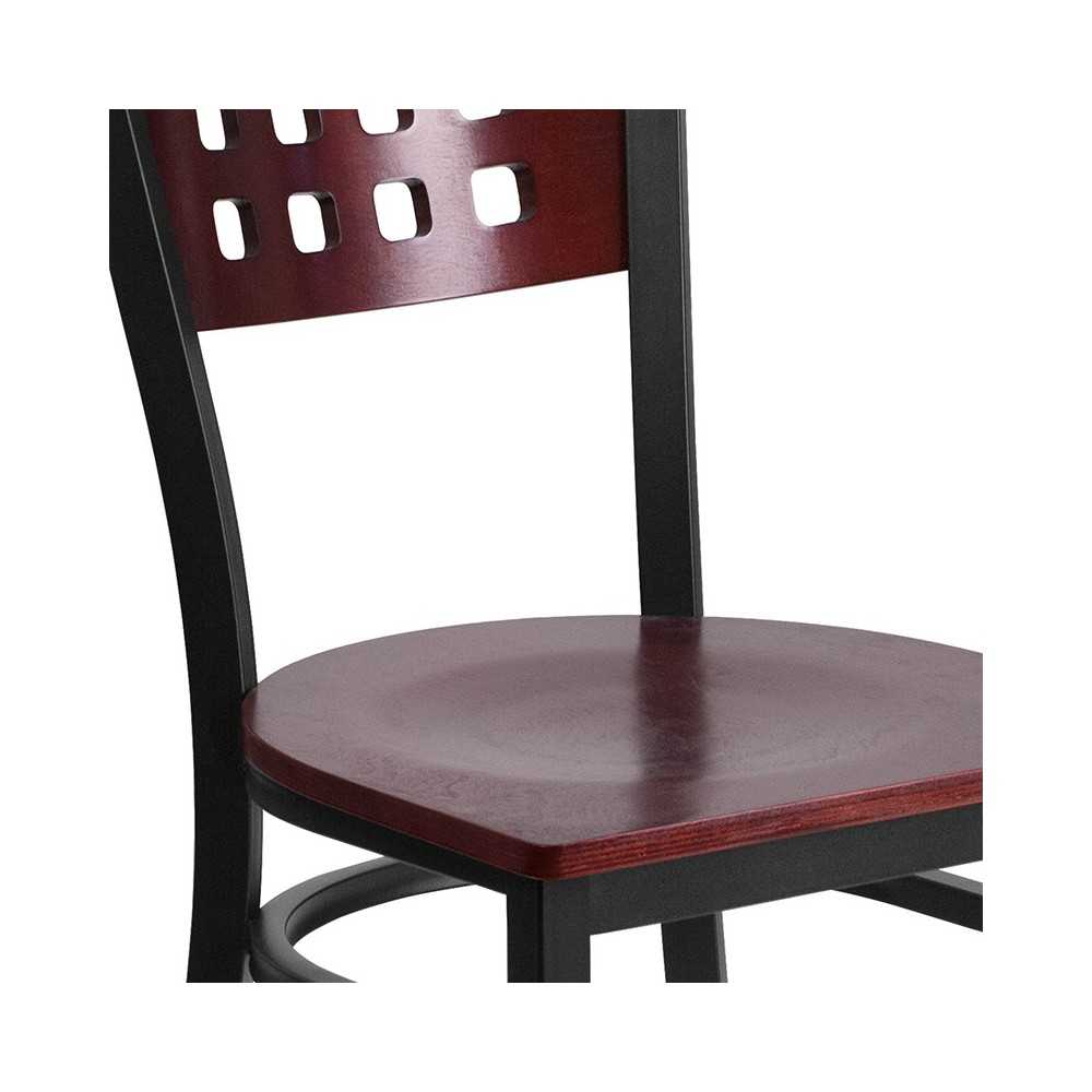 Black Cutout Back Metal Restaurant Chair - Mahogany Wood Back & Seat