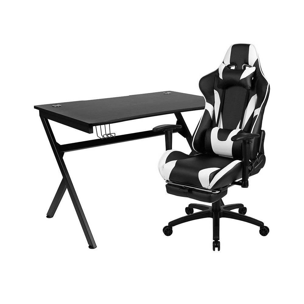 Black Gaming Desk and Black Footrest Reclining Gaming Chair Set with Cup Holder, Headphone Hook & 2 Wire Management Holes