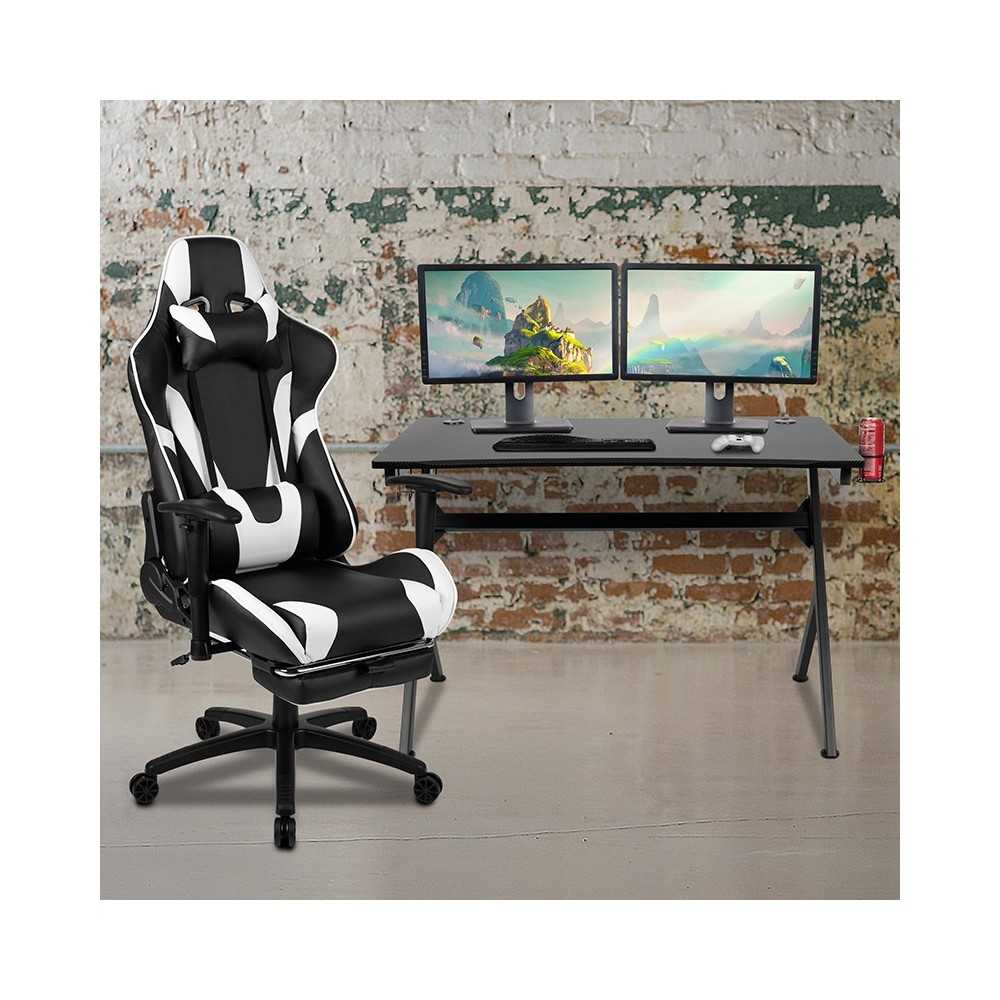 Black Gaming Desk and Black Footrest Reclining Gaming Chair Set with Cup Holder, Headphone Hook & 2 Wire Management Holes