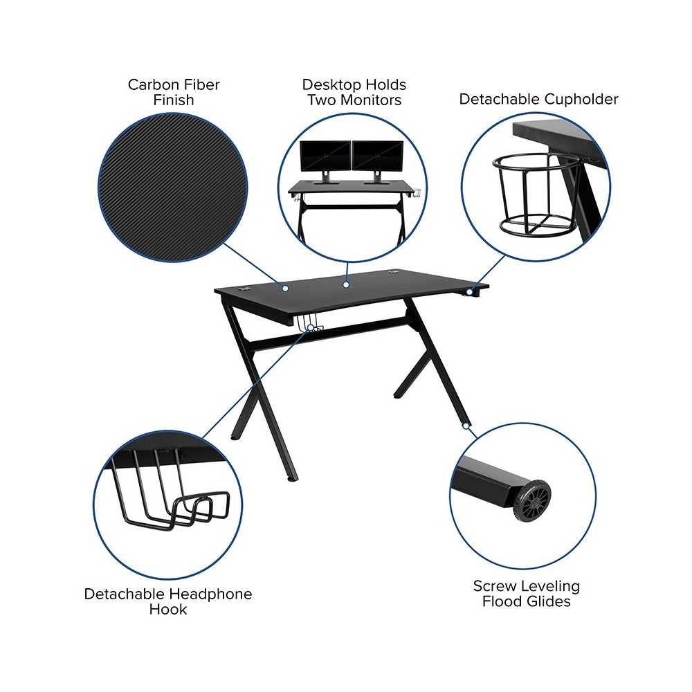 Black Gaming Desk and Black Footrest Reclining Gaming Chair Set with Cup Holder, Headphone Hook & 2 Wire Management Holes