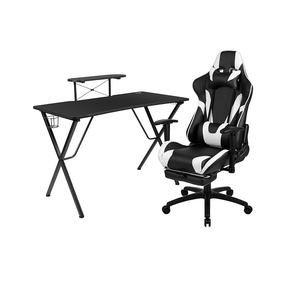 Black Gaming Desk and Black Footrest Reclining Gaming Chair Set with Cup Holder, Headphone Hook, and Monitor/Smartphone Stand