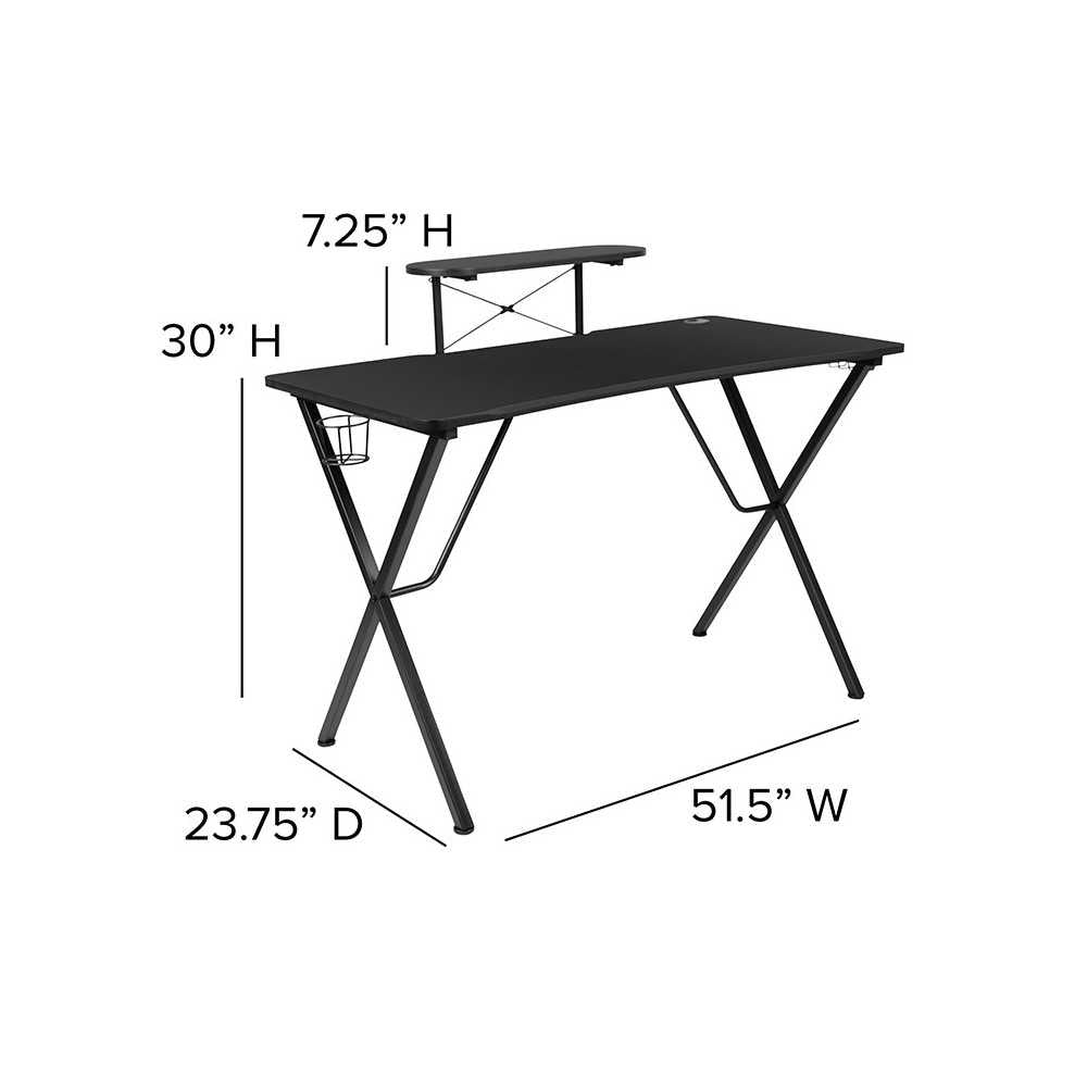 Black Gaming Desk and Black Footrest Reclining Gaming Chair Set with Cup Holder, Headphone Hook, and Monitor/Smartphone Stand