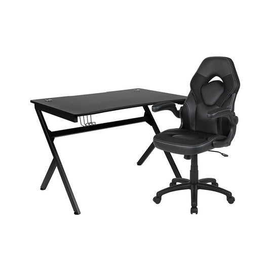 Black Gaming Desk and Black Racing Chair Set with Cup Holder, Headphone Hook & 2 Wire Management Holes