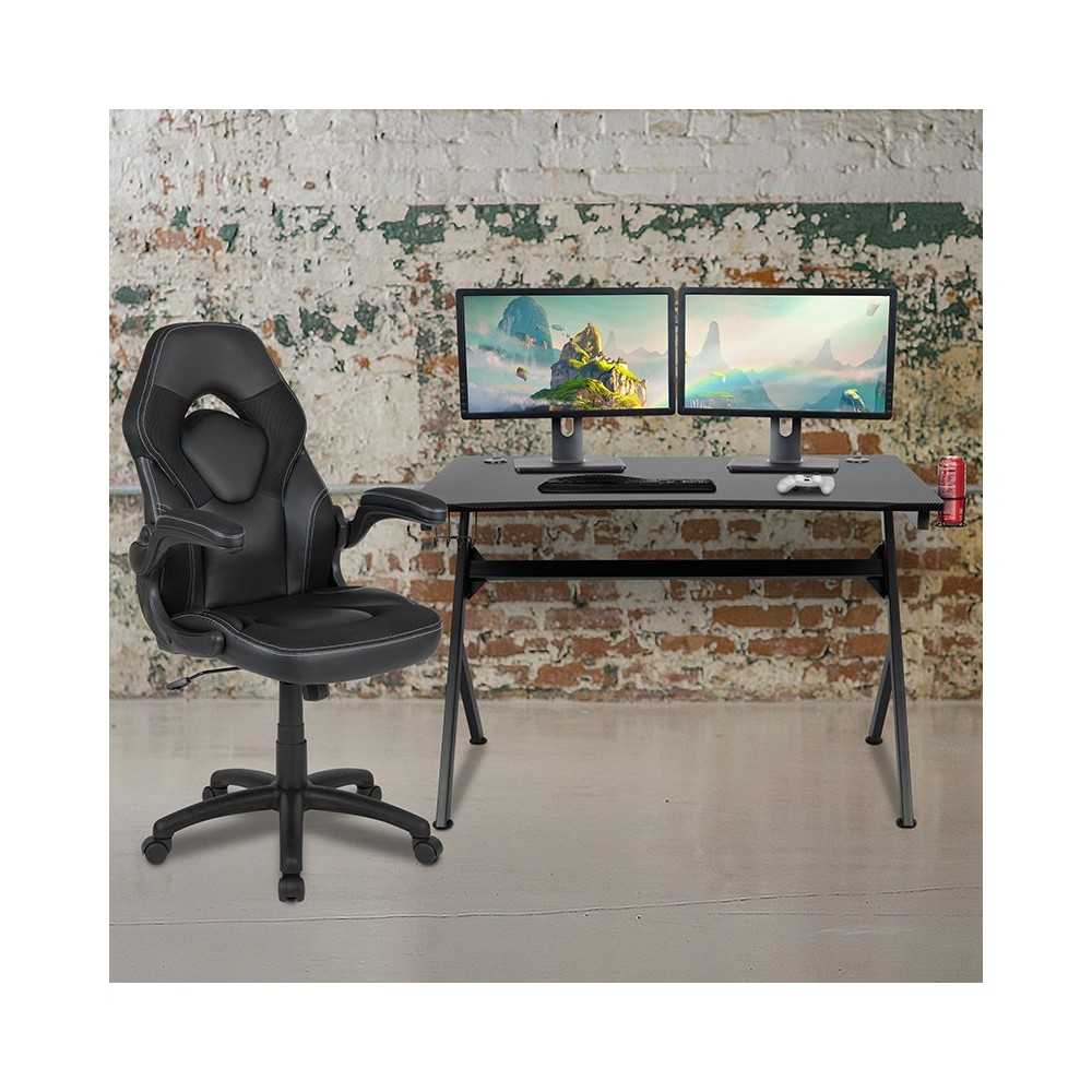 Black Gaming Desk and Black Racing Chair Set with Cup Holder, Headphone Hook & 2 Wire Management Holes