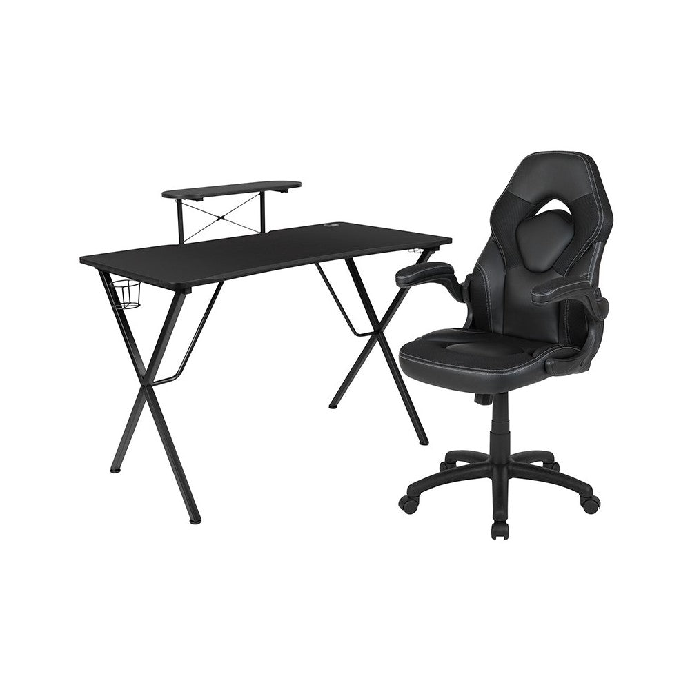 Black Gaming Desk and Black Racing Chair Set with Cup Holder, Headphone Hook, and Monitor/Smartphone Stand