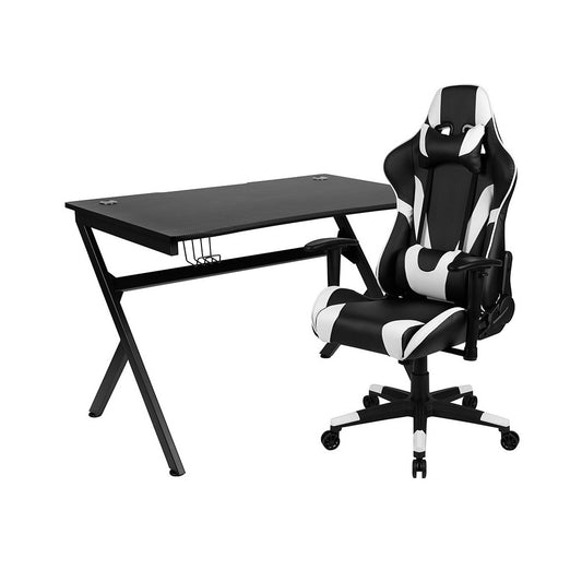 Black Gaming Desk and Black Reclining Gaming Chair Set with Cup Holder, Headphone Hook & 2 Wire Management Holes