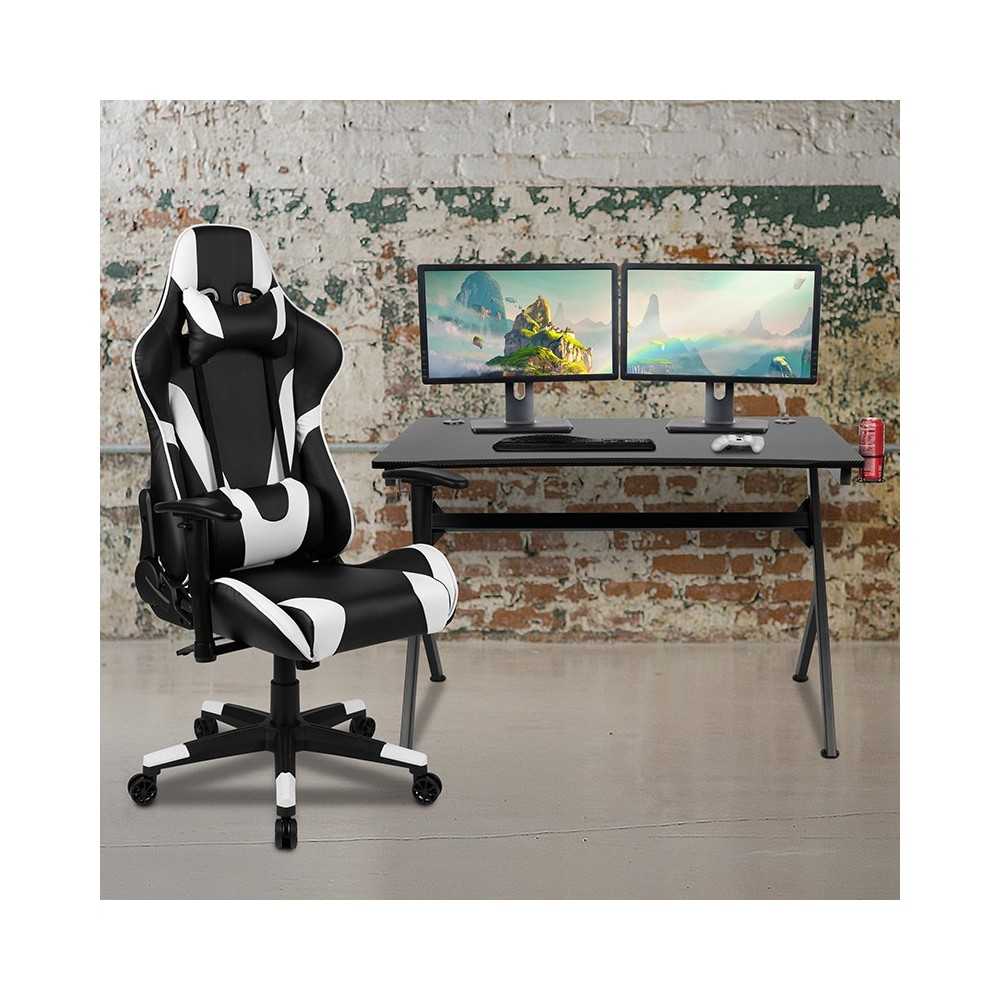 Black Gaming Desk and Black Reclining Gaming Chair Set with Cup Holder, Headphone Hook & 2 Wire Management Holes