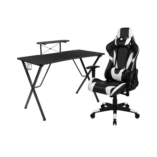 Black Gaming Desk and Black Reclining Gaming Chair Set with Cup Holder, Headphone Hook, and Monitor/Smartphone Stand