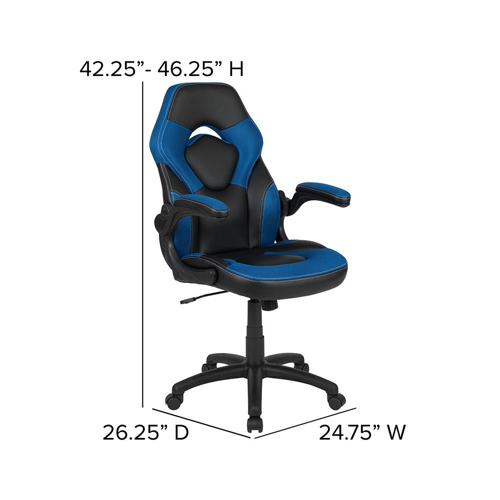 Black Gaming Desk and Blue and Black Racing Chair Set with Cup Holder, Headphone Hook & 2 Wire Management Holes