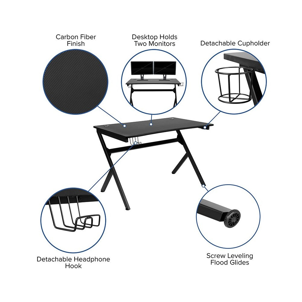 Black Gaming Desk and Blue and Black Racing Chair Set with Cup Holder, Headphone Hook & 2 Wire Management Holes