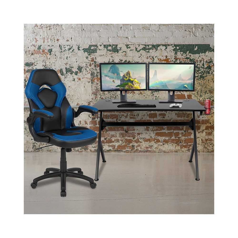 Black Gaming Desk and Blue and Black Racing Chair Set with Cup Holder, Headphone Hook & 2 Wire Management Holes