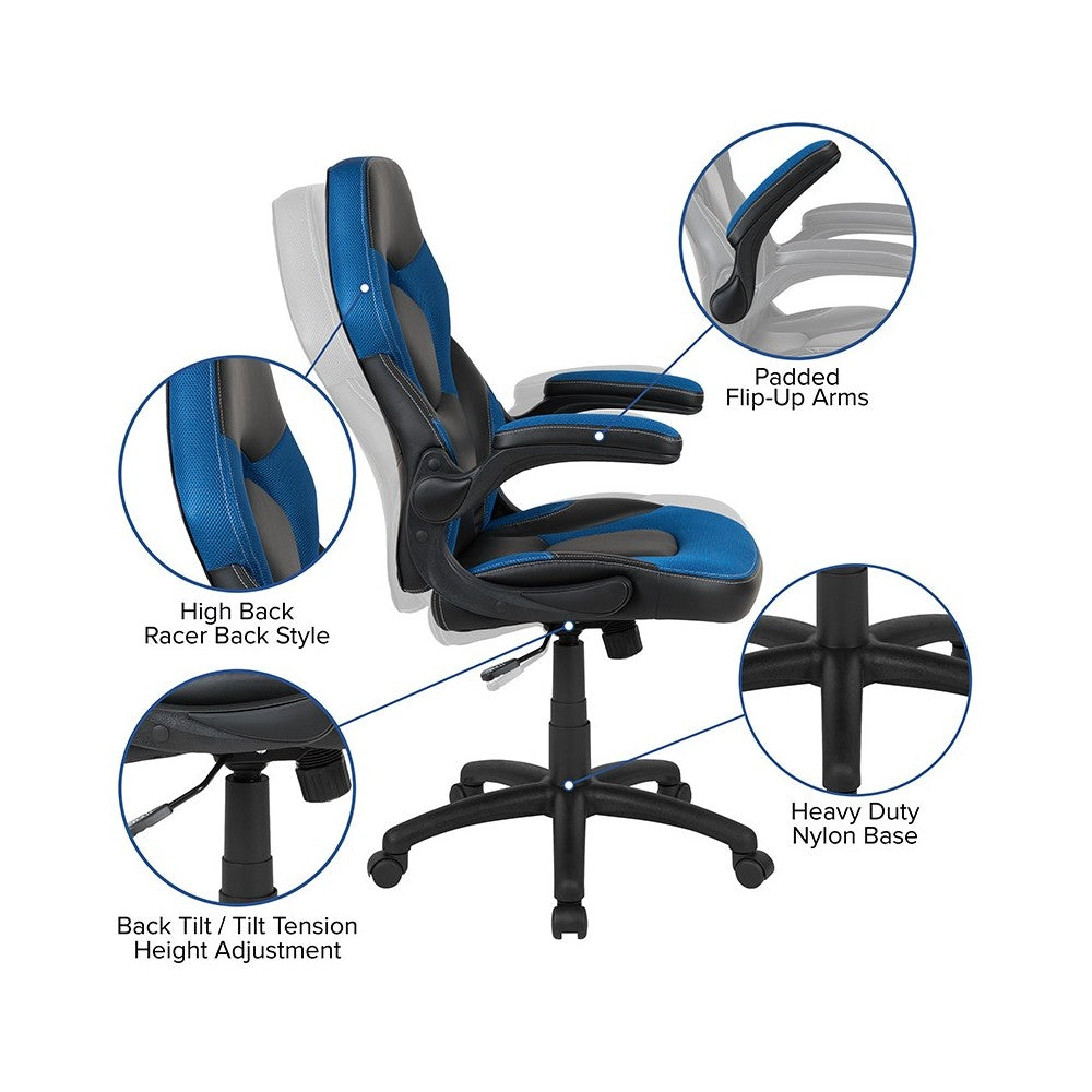 Black Gaming Desk and Blue and Black Racing Chair Set with Cup Holder, Headphone Hook & 2 Wire Management Holes