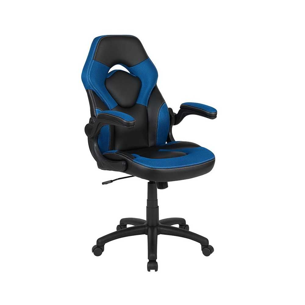 Black Gaming Desk and Blue and Black Racing Chair Set with Cup Holder, Headphone Hook & 2 Wire Management Holes