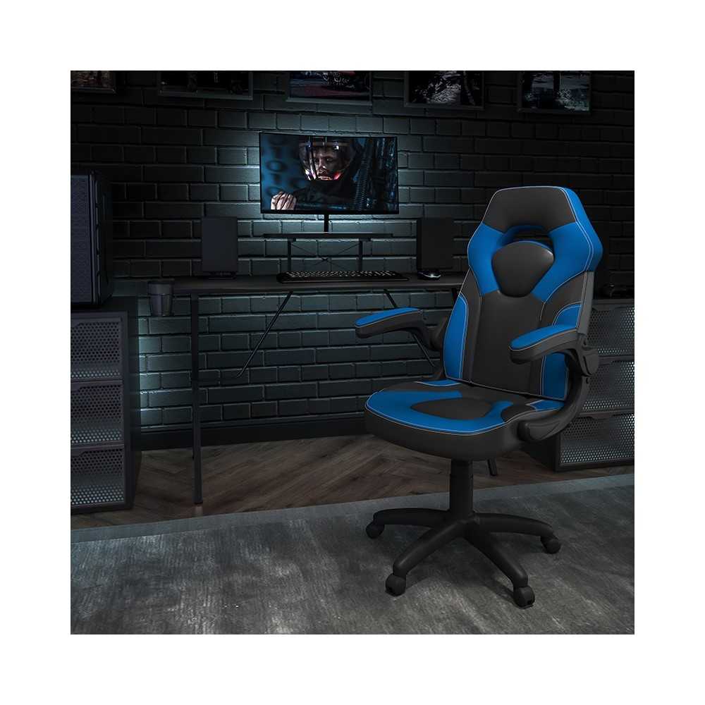 Black Gaming Desk and Blue/Black Racing Chair Set with Cup Holder, Headphone Hook, and Monitor/Smartphone Stand