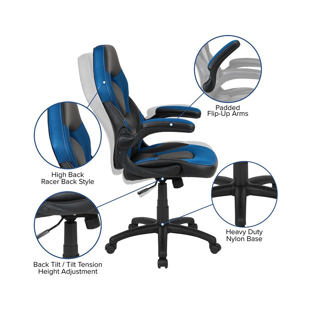 Black Gaming Desk and Blue/Black Racing Chair Set with Cup Holder, Headphone Hook, and Monitor/Smartphone Stand