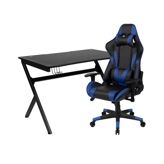 Black Gaming Desk and Blue/Black Reclining Gaming Chair Set with Cup Holder, Headphone Hook & 2 Wire Management Holes