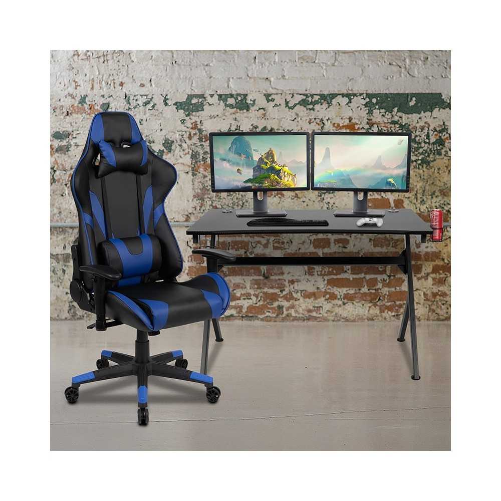 Black Gaming Desk and Blue/Black Reclining Gaming Chair Set with Cup Holder, Headphone Hook & 2 Wire Management Holes