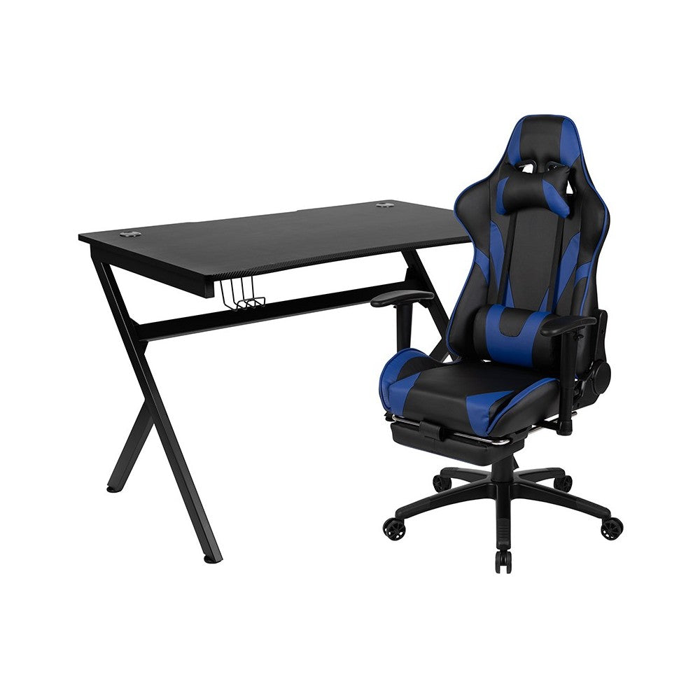 Black Gaming Desk and Blue Footrest Reclining Gaming Chair Set with Cup Holder, Headphone Hook & 2 Wire Management Holes