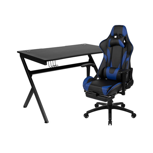 Black Gaming Desk and Blue Footrest Reclining Gaming Chair Set with Cup Holder, Headphone Hook & 2 Wire Management Holes