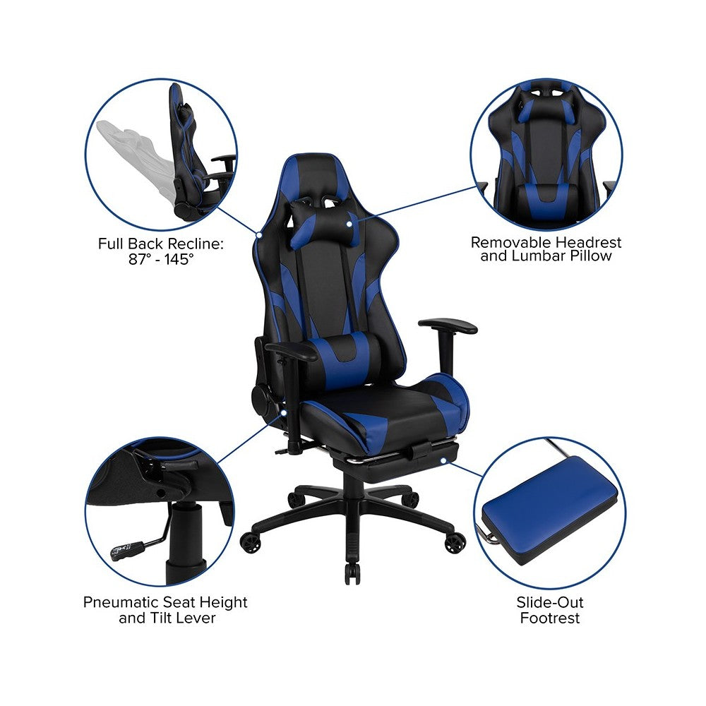 Black Gaming Desk and Blue Footrest Reclining Gaming Chair Set with Cup Holder, Headphone Hook & 2 Wire Management Holes