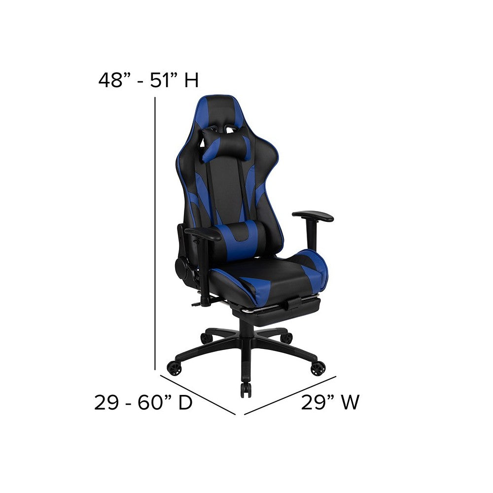 Black Gaming Desk and Blue Footrest Reclining Gaming Chair Set with Cup Holder, Headphone Hook & 2 Wire Management Holes