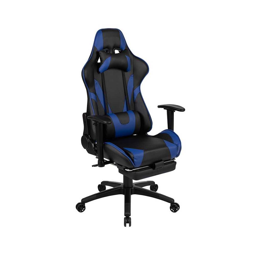 Black Gaming Desk and Blue Footrest Reclining Gaming Chair Set with Cup Holder, Headphone Hook & 2 Wire Management Holes