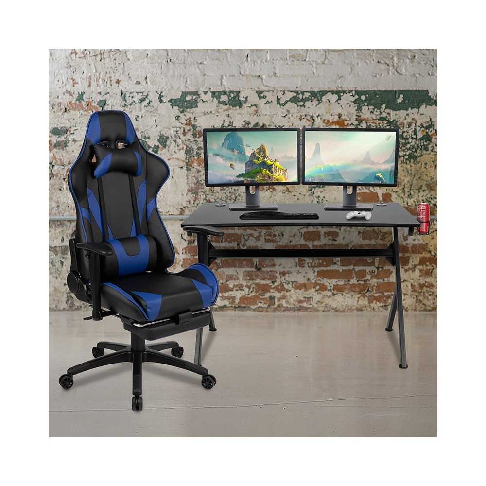 Black Gaming Desk and Blue Footrest Reclining Gaming Chair Set with Cup Holder, Headphone Hook & 2 Wire Management Holes