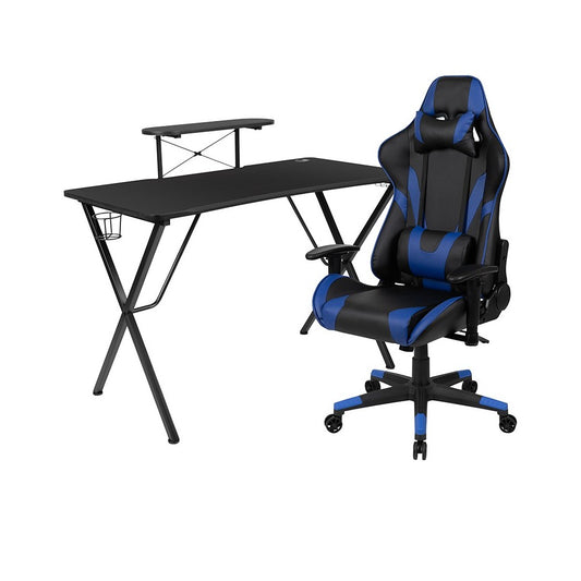 Black Gaming Desk and Blue Reclining Gaming Chair Set with Cup Holder, Headphone Hook, and Monitor/Smartphone Stand