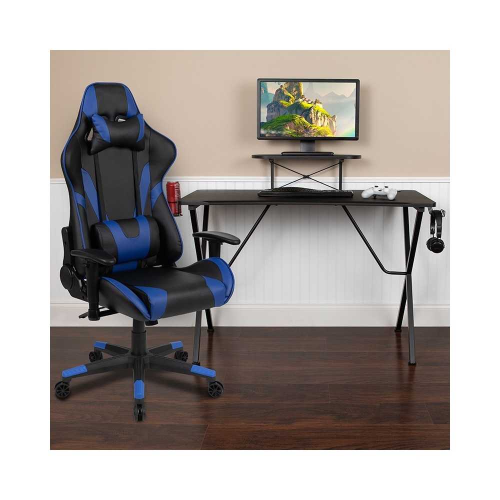 Black Gaming Desk and Blue Reclining Gaming Chair Set with Cup Holder, Headphone Hook, and Monitor/Smartphone Stand