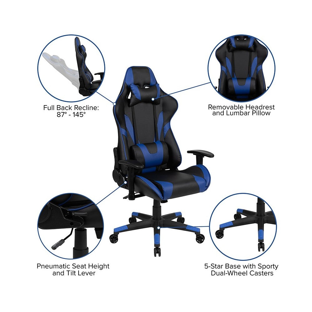 Black Gaming Desk and Blue Reclining Gaming Chair Set with Cup Holder, Headphone Hook, and Monitor/Smartphone Stand