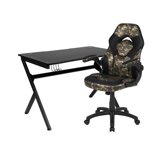 Black Gaming Desk and Camouflage/Black Racing Chair Set with Cup Holder, Headphone Hook & 2 Wire Management Holes