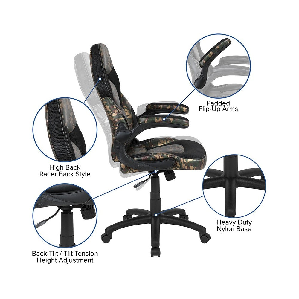 Black Gaming Desk and Camouflage/Black Racing Chair Set with Cup Holder, Headphone Hook & 2 Wire Management Holes