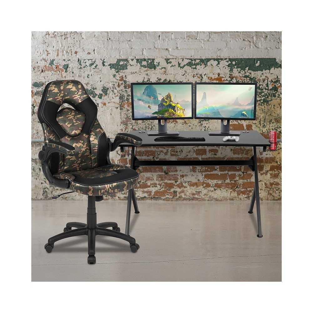 Black Gaming Desk and Camouflage/Black Racing Chair Set with Cup Holder, Headphone Hook & 2 Wire Management Holes