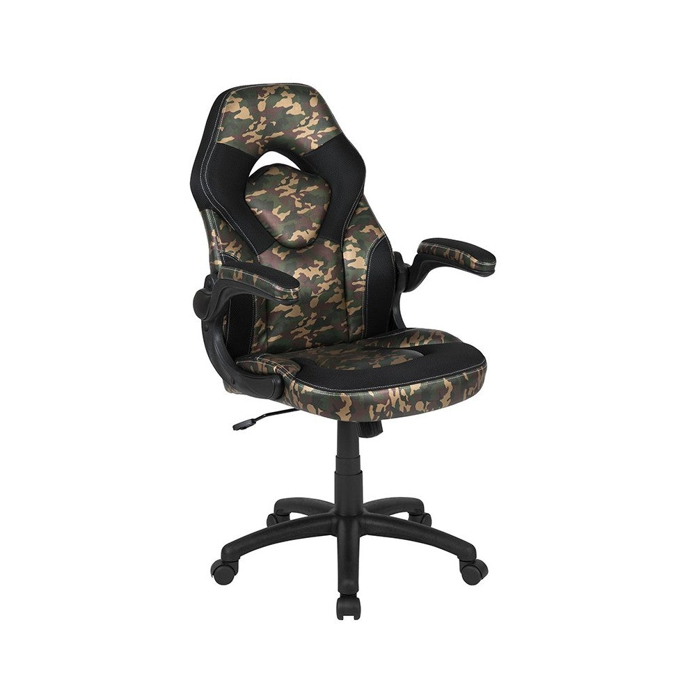 Black Gaming Desk and Camouflage/Black Racing Chair Set with Cup Holder, Headphone Hook, and Monitor/Smartphone Stand