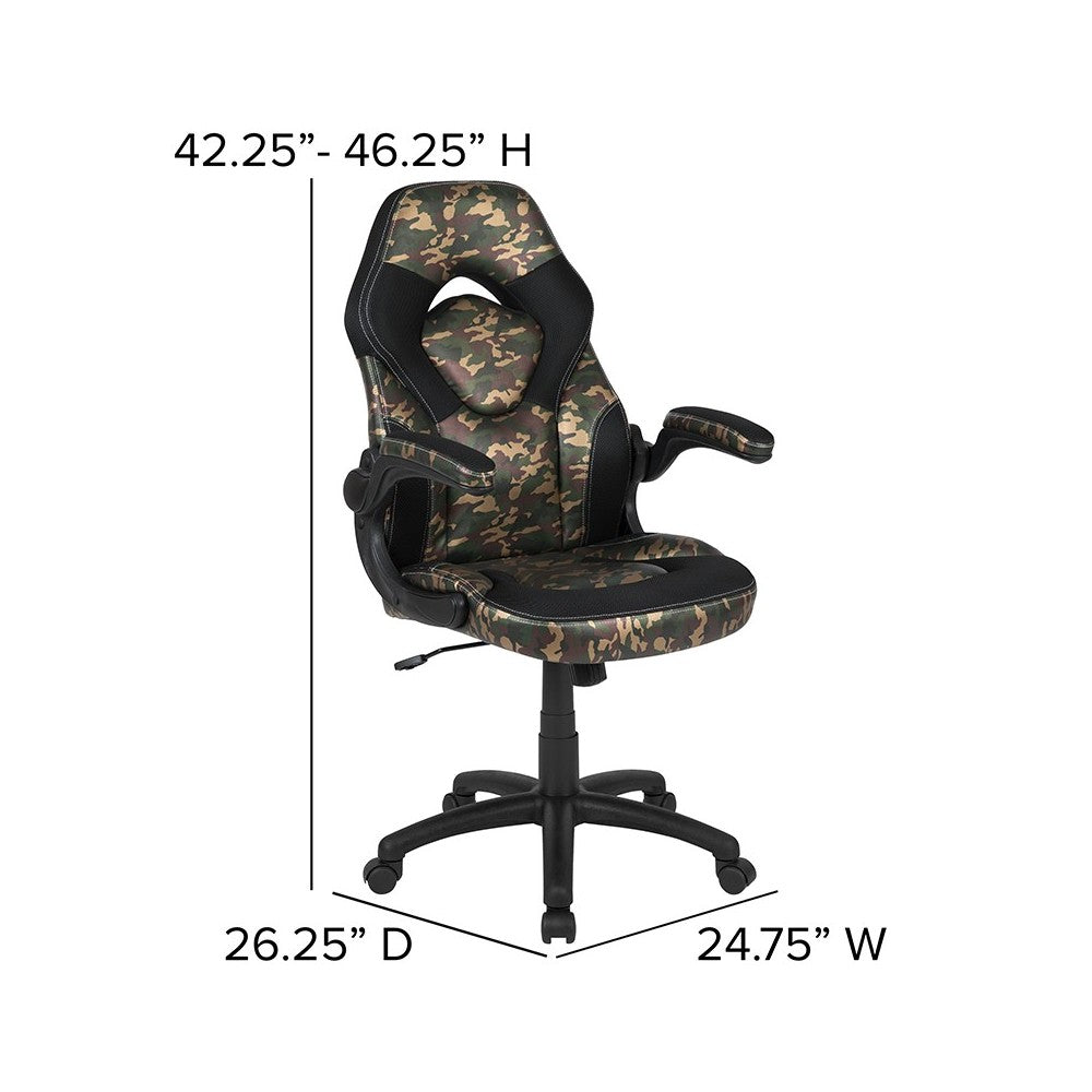 Black Gaming Desk and Camouflage/Black Racing Chair Set with Cup Holder, Headphone Hook, and Monitor/Smartphone Stand