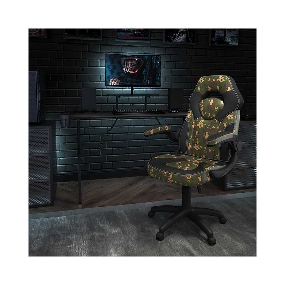 Black Gaming Desk and Camouflage/Black Racing Chair Set with Cup Holder, Headphone Hook, and Monitor/Smartphone Stand