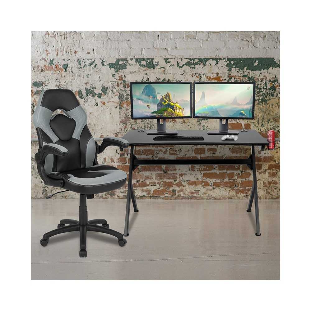 Black Gaming Desk and Gray/Black Racing Chair Set with Cup Holder, Headphone Hook & 2 Wire Management Holes