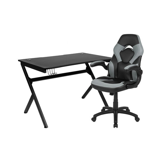 Black Gaming Desk and Gray/Black Racing Chair Set with Cup Holder, Headphone Hook & 2 Wire Management Holes