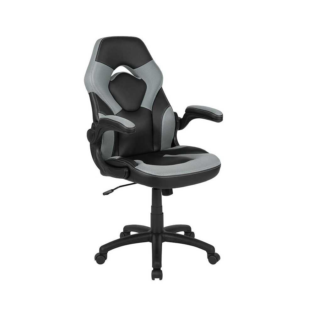 Black Gaming Desk and Gray/Black Racing Chair Set with Cup Holder, Headphone Hook & 2 Wire Management Holes